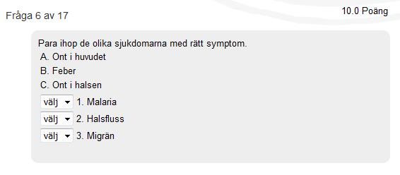 Matchning (Matching) Via frågetypen Matchning kan du låta studenterna para ihop olika alternativ. Tips: Matchning passar bra för enkel faktakontroll eller stöd för inlärning.