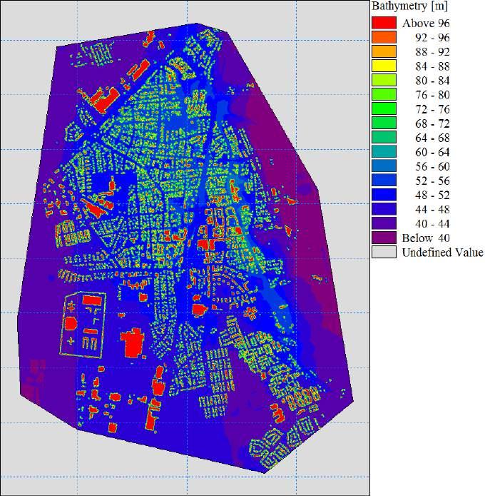 Figur 7. Beräkningsnät skapat i MIKE Zero Mesh Generator som används för modellering i MIKE 21 Flow Model FM. Byggnader har höjts upp med 100 m för att skapa rinnvägar runt dessa.