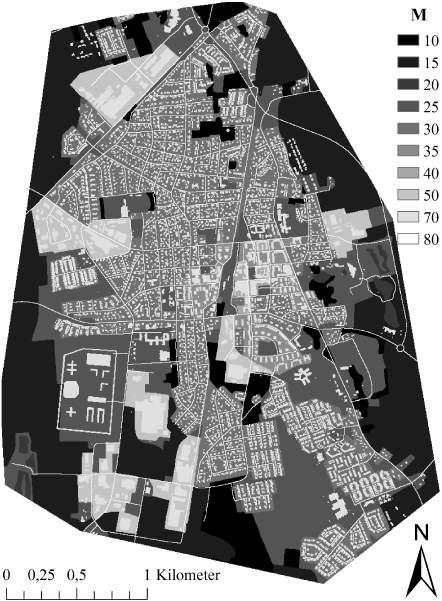 Figur 9. Karta över värden på Mannings tal, M, för olika markytor i modellområdet som användes för att beskriva markens råhet i MIKE 21 Flow Model FM.