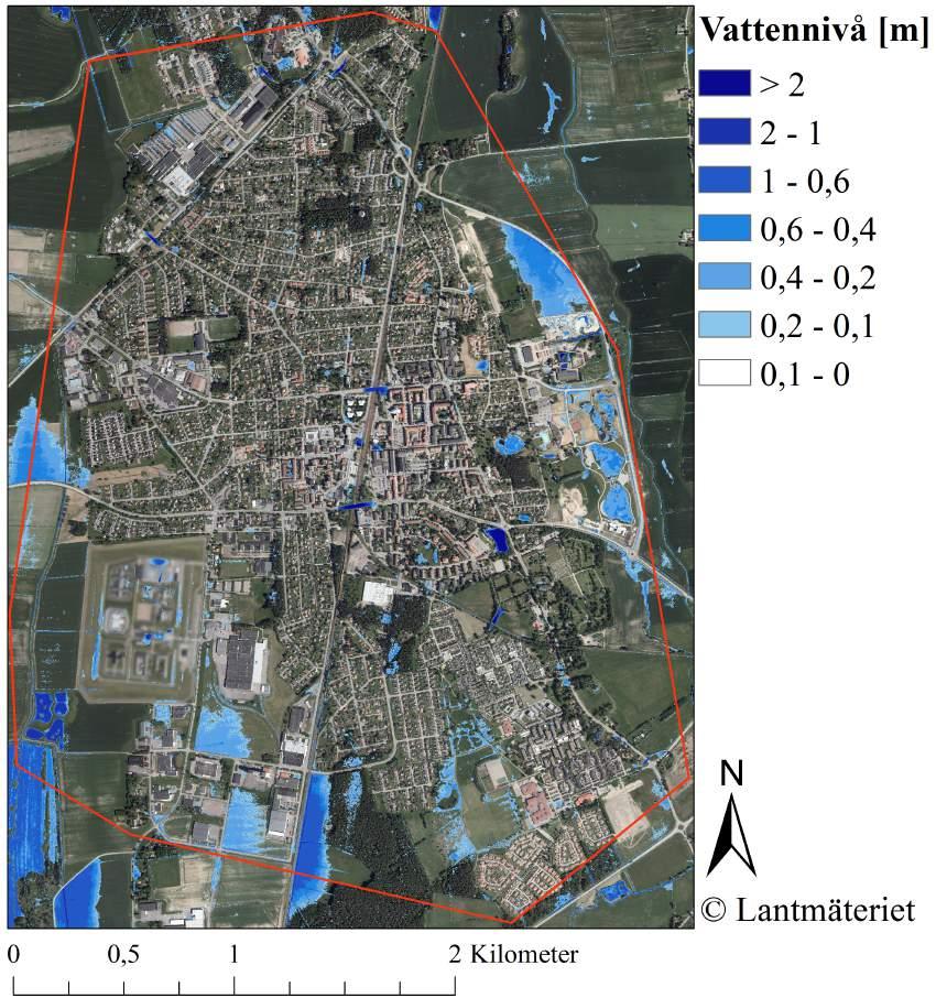 5 RESULTAT Översvämningskartor har tagits fram som visar utbredning och maximala vattennivåer från skyfall.