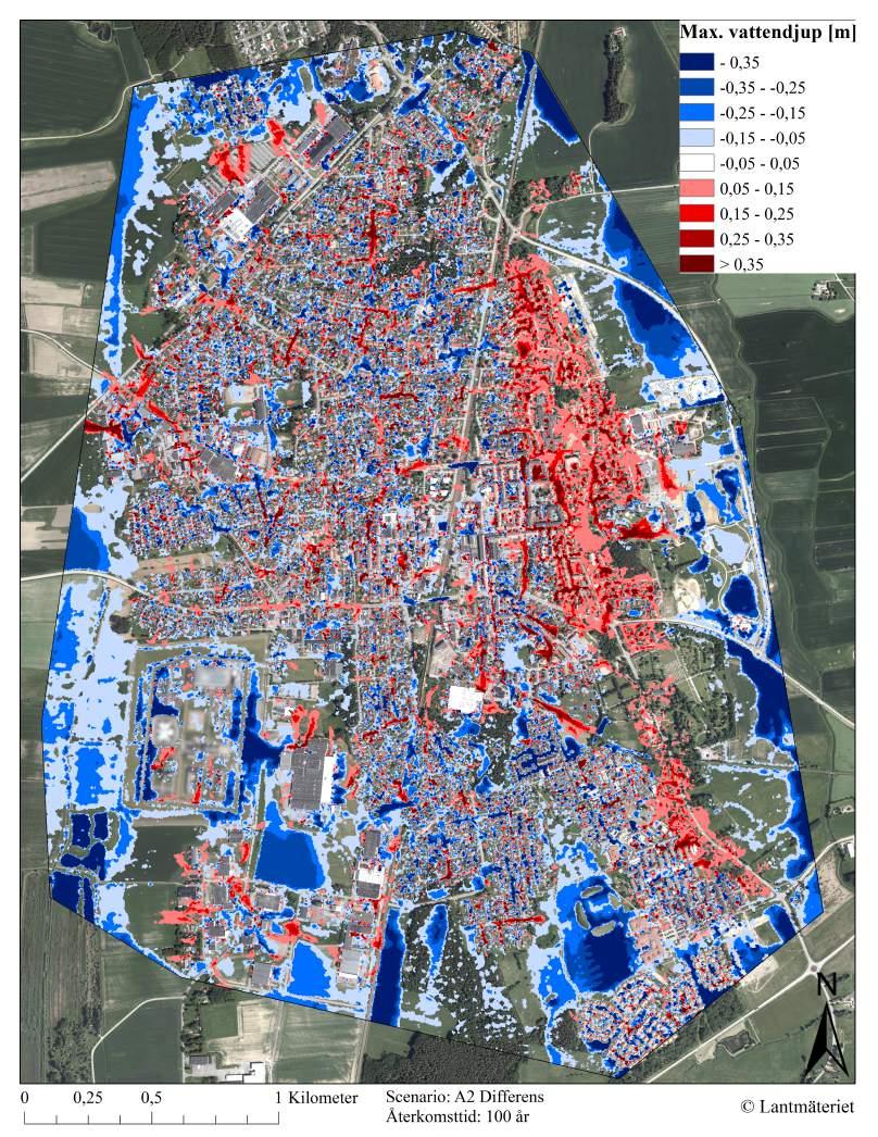 Figur 23. Differenskarta med maximala vattennivåer efter ett 100-årsregn för scenariot där avrinningskoefficienter används istället för värden på markens råhet, infiltration och evaporation.