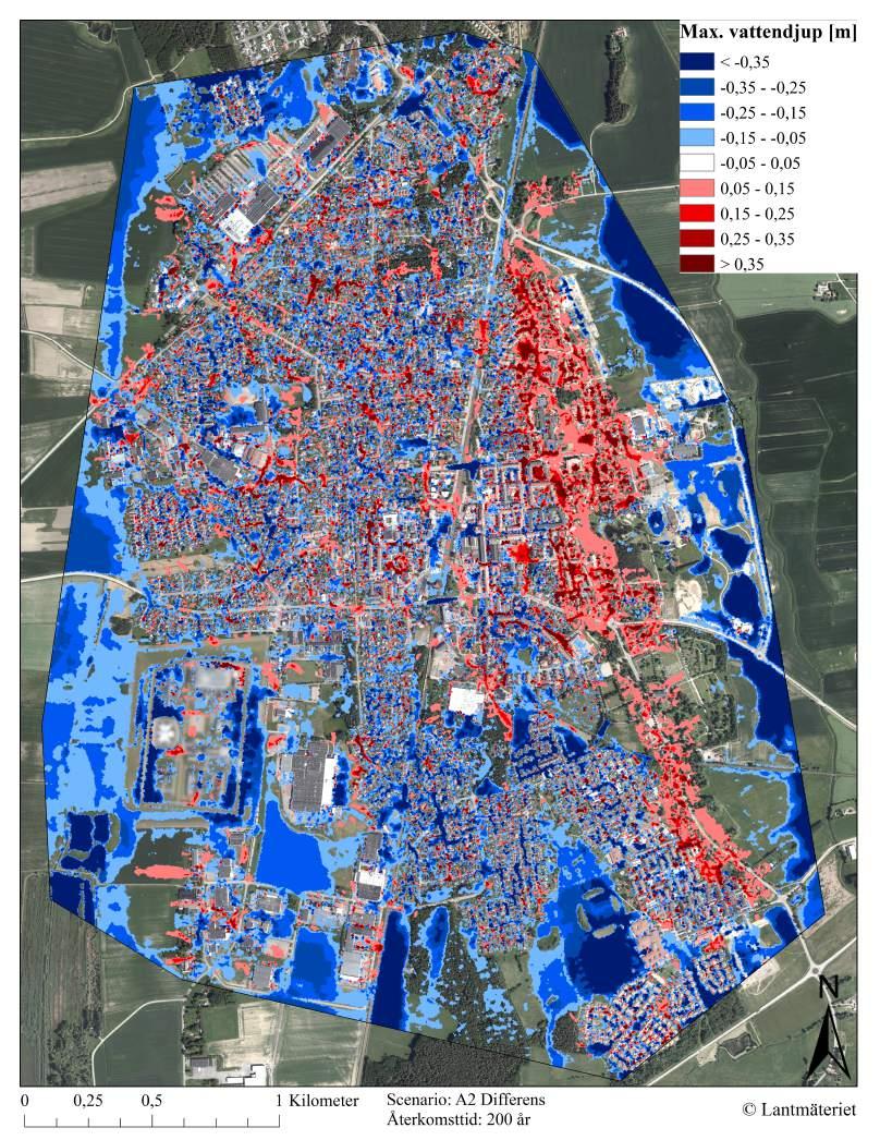 Figur 24. Differenskarta med maximala vattennivåer efter ett 200-årsregn för scenariot där avrinningskoefficienter används istället för värden på markens råhet, infiltration och evaporation.