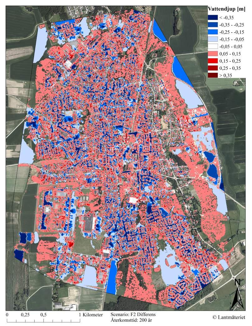 Figur 26. Differenskarta med maximala vattennivåer efter ett 200-årsregn för scenariot där rekommenderade värden används för Flood and Dry.