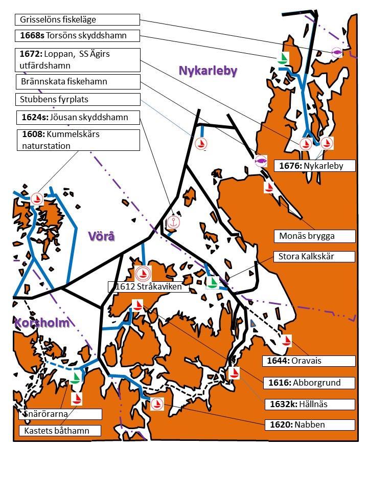 Översikt över Nykarlebynejdens (och Vörås och Norra Korsholms) farleder Svarta farleder utgör befintliga allmänna djupsäkrade farleder i klass fem.