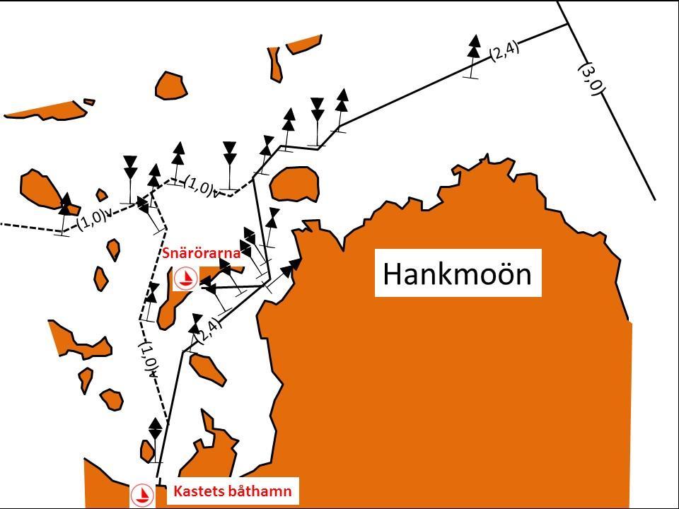 Insegling till Snärörarna och Kastet 2,4 m Båtrutten västerom Snärörarna har inte djupsäkrats.
