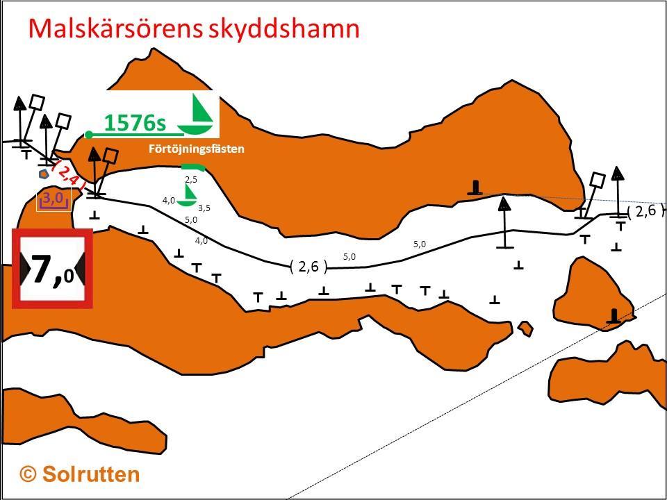 1576s Malskär Skyddshamnen ligger intill den allmänna lokala djupsäkrade farled som leder genom Malskärs sund.