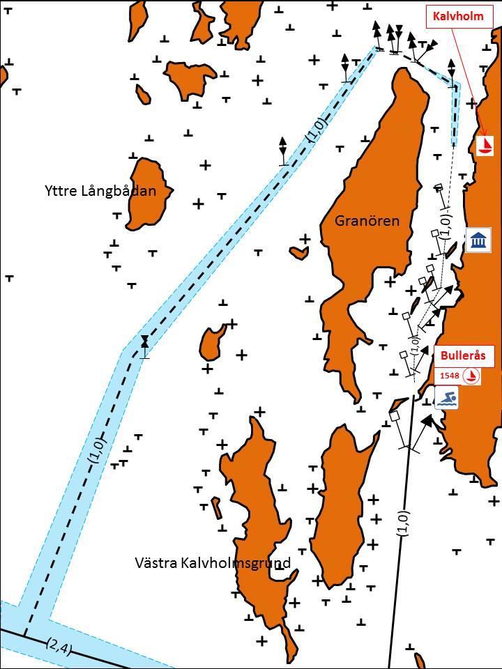 Kalvholms västra enskilda båtrutt Båtrutten är ekolodad heltäckande men inte ramad med stång, vilket innebär att det kan finnas en viss