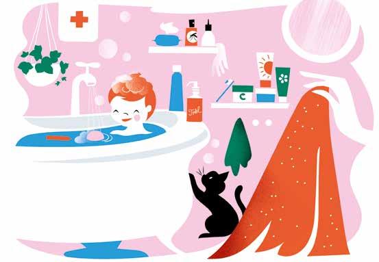 X Bada och vårda I badrummet sker allt från blöjbyten till ompysslande av sår. Här filosoferas det bland badbubblorna och gråts över bamseplåster.