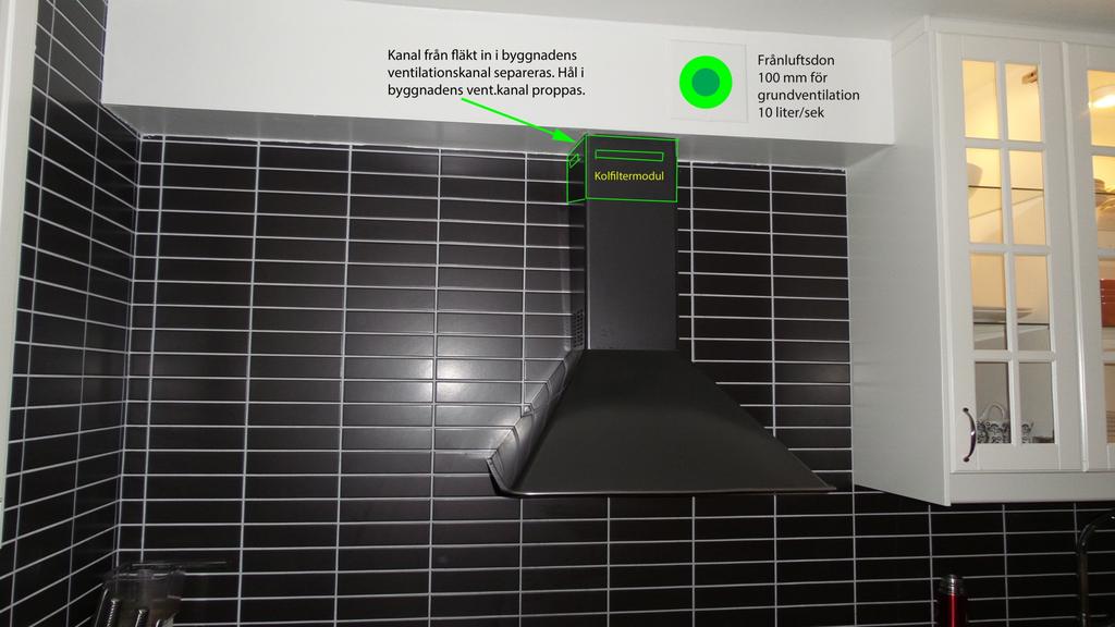 2.2 Recirkulerande fläkt med separat kolfilterdel efter fläkten Valfri fläkt kan installeras och efter fläkten på utblåsröret ansluts en speciell filterlåda, bl.a. Siemens och Bosch har sådana, se bilaga 2.