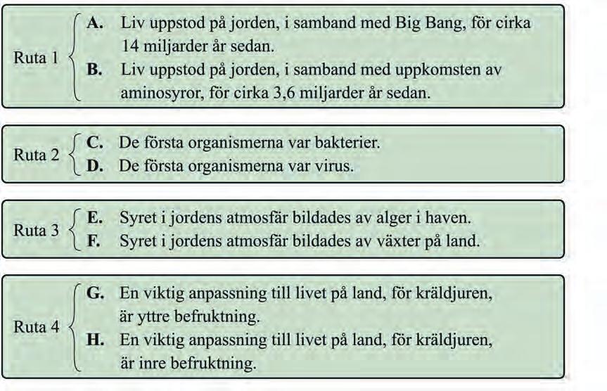 5. I rutorna 1-4 finns påståenden om livets uppkomst och utveckling. Välj korrekt påstående i varje ruta. 6.