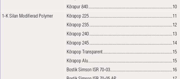 .. 10 1-K Silan Modifierad Polymer Körapop 225... 11 Körapop 235... 12 Körapop 240... 13 Körapop 245... 14 Körapop Transparent.