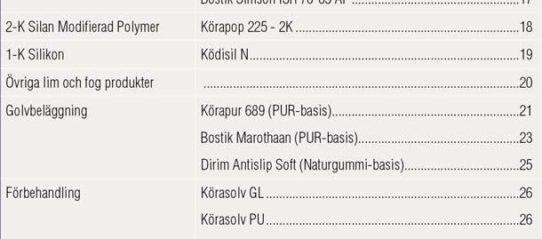 .. 18 1-K Silikon Ködisil N... 19 Övriga lim och fog produkter... 20 Golvbeläggning Förbehandling Körapur 689 (PUR-basis).