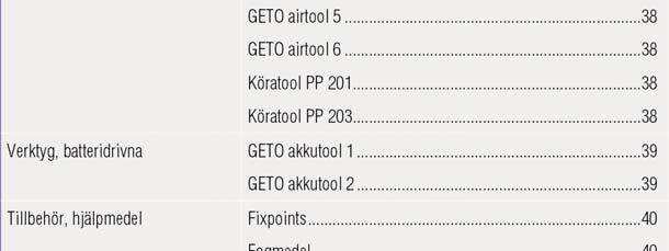 .. 38 GETO airtool 6... 38 Köratool PP 201... 38 Köratool PP 203... 38 Verktyg, batteridrivna GETO akkutool 1.