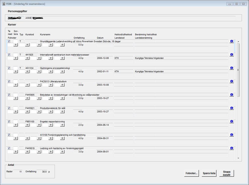 2014-11-24 17 (37) [RS96C01G] Funktionshjälp RS96 - Underlag för examensbevis Senast uppdaterad: 2014-11-03 Dina personliga inställningar styr även hur kurserna är sorterade, vilka uppgifter som