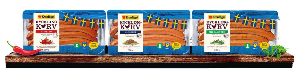 Nyhet! Grillad kyckling för korvälskaren Nu finns det grillkorv av svensk gårdskyckling. Korven är rökt med äkta alspån och finns med tre goda kryddningar Klassisk, Chorizo och Milda örter.