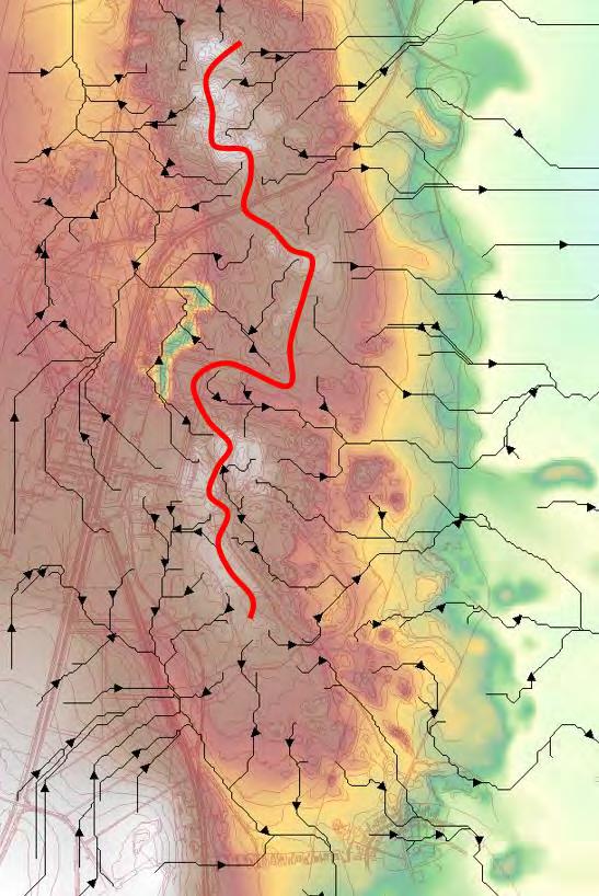 Figur 2 Terrängmodell med rinnvägar över Norra Öjaby, höjdrygg markerad i rött. 4(23) repo001.