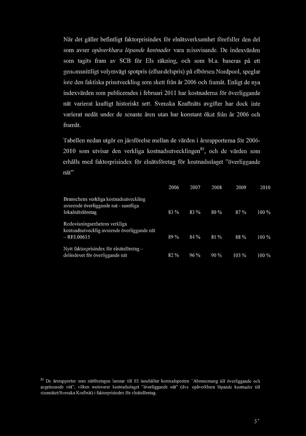 Nr det gller befintligt faktorprisindex fr elntsverksamhet frefaller den del som avser opverkbara lpande kostnader vara missvisande. De indexvrden som tagits fram av SCB fr Els rkning, och som bl.a. baseras p ett genomsnittligt volymvgt spotpris (elhandelspris) p elbrsen Nordpool, speglar inte den faktiska prisutveckling som skett frn r 2006 och framt.