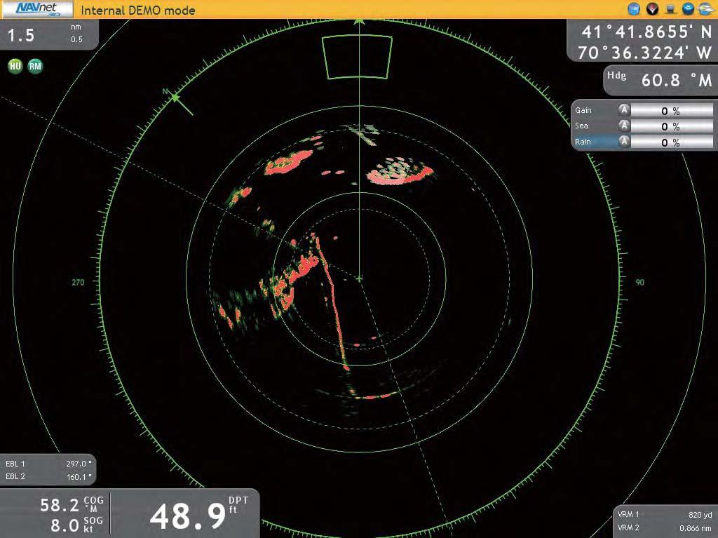 Radar Radardisplay Område, avståndsringar Område för textmeddelande Statusbar Fönster för justering av förstärkning, sjö och regn (normalt dold) Kurs Markördata