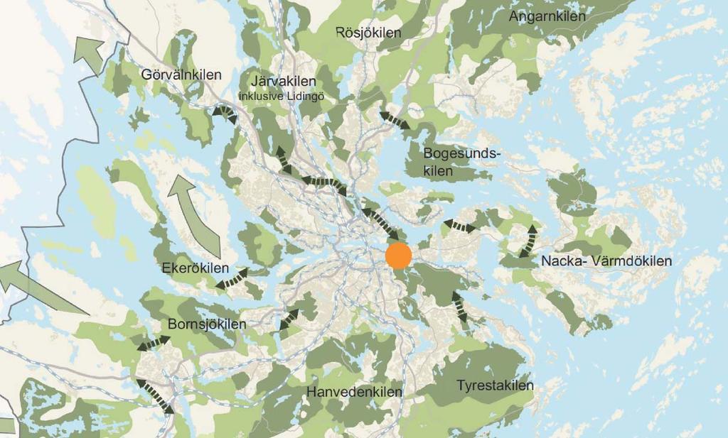 138 PLANERINGSFÖRUTSÄTTNINGAR PROGRAM FÖR PLANIAOMRÅDET VÄSTRA SICKLAÖN, NACKA KOMMUN 22 GRÖNSTURKTUR, REKREATION OCH ALLMÄN PLATS - NULÄGE Programområdet ingår i en del av Nacka som sammanbinder