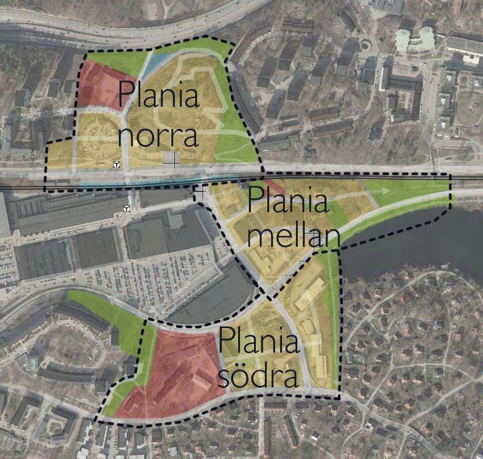 143 ÖVERGRIPANDE PROGRAMKARTA NY BEBYGGELSE I programkartan till vänster redovisas föreslagen huvudsaklig markanvändning inom programområdet samt de tre delområdena som området är indelat i.