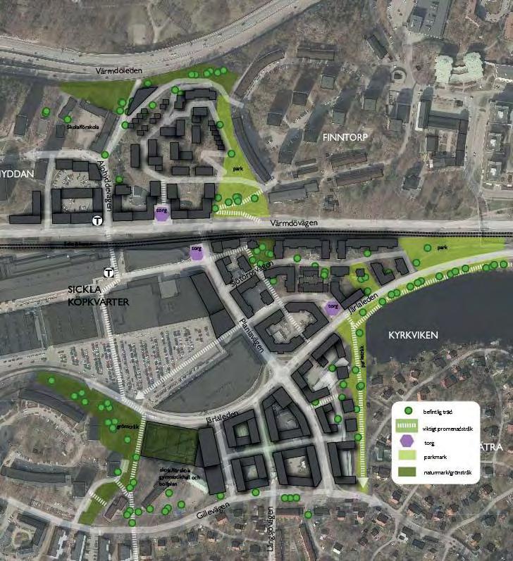 155 OFFENTLIGA RUM, GRÖNSTRUKTUR OCH REKREATION I grönstrukturprogrammet anges att det inte bör vara längre än cirka 300 meter till ett park- eller grönområde.