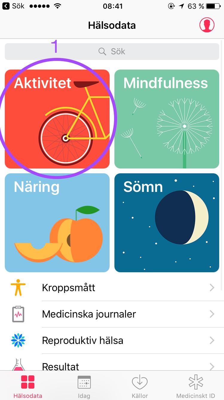 Apple: 1. Gå in i appen Apple Hälsa. 2. Tryck på fliken Hälsodata och välj Aktivitet. 3.