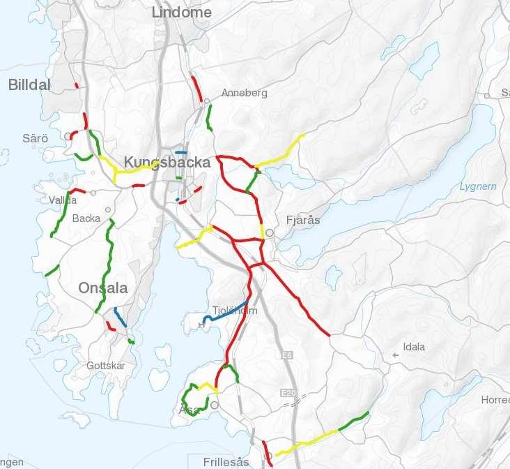 ARBETSMATERIAL Figur 8 Kvalitet på cykelstråk utifrån trafiksäkerhet. Grönt visar på god kvalitet, gult på acceptabel kvalitet och rött på dålig kvalitet.