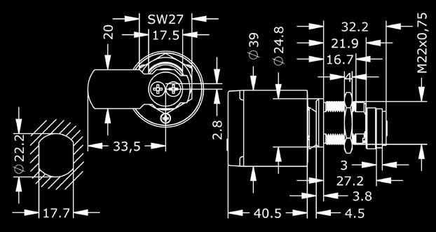 IP65 Användningsexempel Teknisk information Längd Ytbehandling: 27 mm NI nickel NP polerad nickel MP polerad mässing Förlängd yttervredsaxel AV05 5 mm AV10 10 mm AV15 15 mm Låsrotation ST[A-H] -