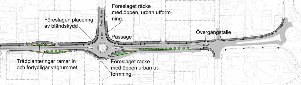Övergripande beskrivning av förslaget Huvudstråket för gång och cykel blir 2,5 m bred och förläggs till den norra sidan av E16 samt ansluter till den västra sidan av Centralgatan.