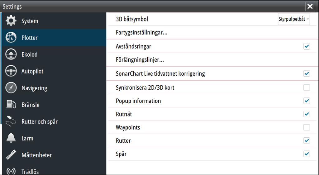 När du väljer SonarChart Live lager utökas menyn med alternativ för SonarChart Live. Använd alternativen för att ställa in genomskinligheten och minimidjupet.