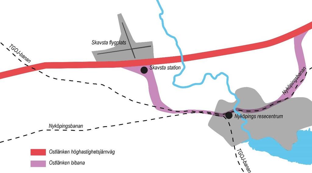 Figur 19. Alternativ UA1 innebär att samma tåg kan trafikera både Nyköpings resecentrum och Skavsta station.