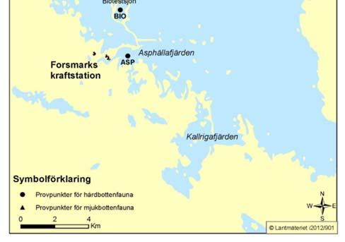 Provtagningspunkterna för hårdbottenfauna påverkas på olika sätt och grad av kylvatten; Biotestsjön (BIO) med maximal påverkan av uppvärmt kylvatten, utsläppsområdet för kylvatten (PLY) som delvis