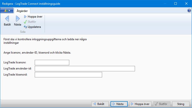 Steg 1 - LogTrade inloggningsuppgifter I det här steget anger du licensnummer, användarnamn och lösenord.