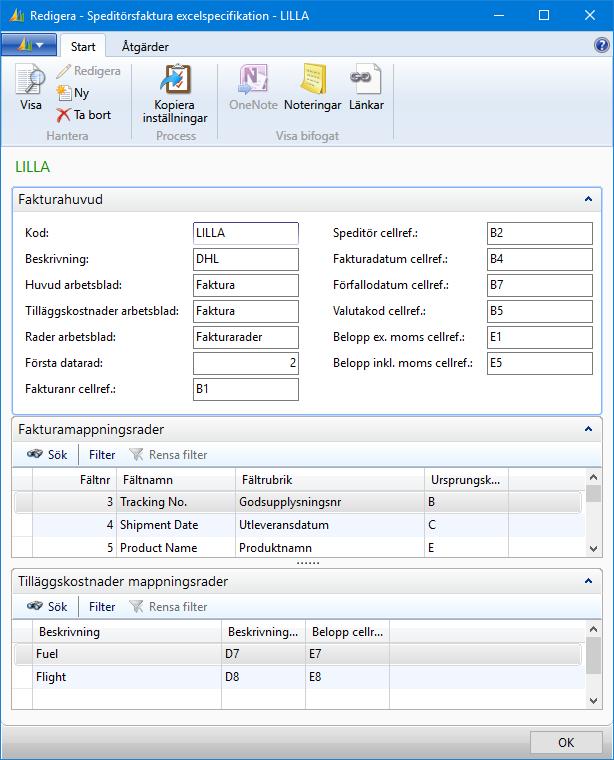 12.27.2 Excelspecifikationer För att importera fakturor i excelformat krävs mappningar mellan excelfilens flikar/celler och transportörsfakturan.