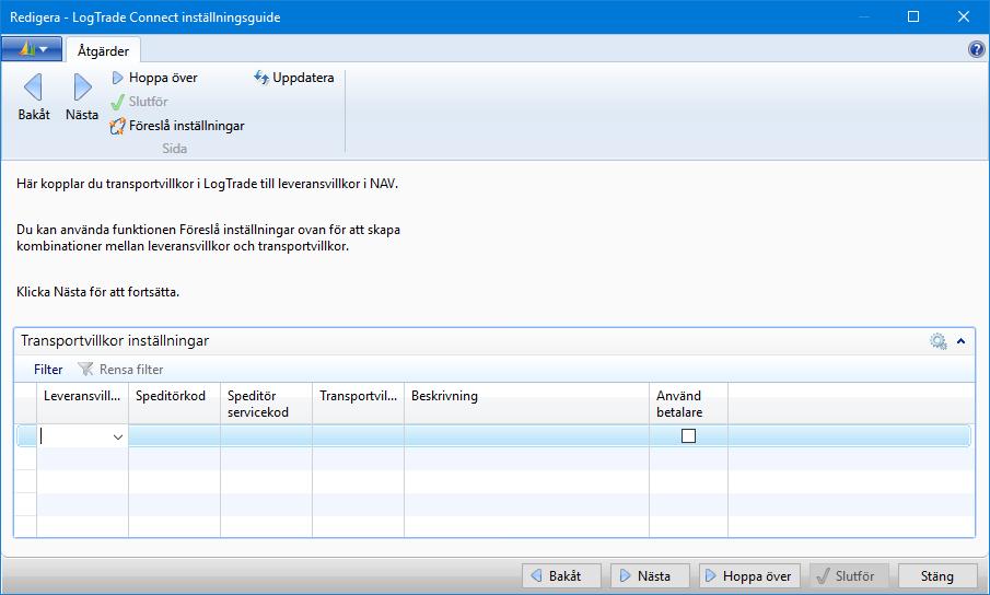 Steg 6 Transportvillkor I detta steg skapas relationer mellan leveransmetoder i NAV och leveransvillkor i LogTrade.