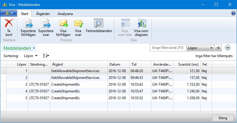 10.4 Meddelandelogg Meddelandeloggning konfigureras i de avancerade inställningarna. Ett meddelande avser ett anrop till LogTrade och innehåller en förfrågan och ett svar i XML-format.