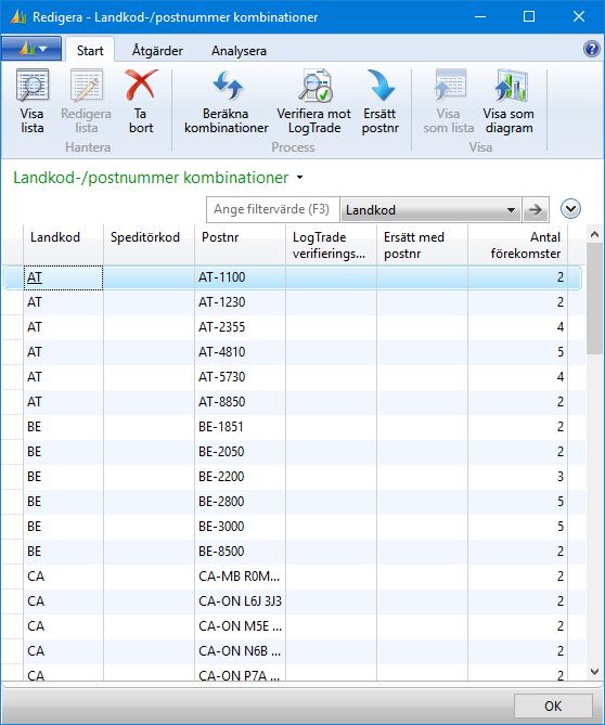 11.3 Postnummerkontroll Med funktionen för postnummerkontroll kan samtliga postnummer i systemet verifieras mot LogTrade.