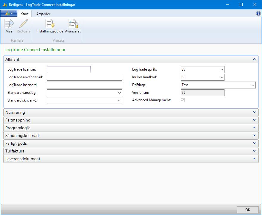 12.1 LogTrade Connect inställningar Grundinställningar i LogTrade Connect sker i inställningsbilden. Efter slutförd inställningsguide är många inställningar redan klara.