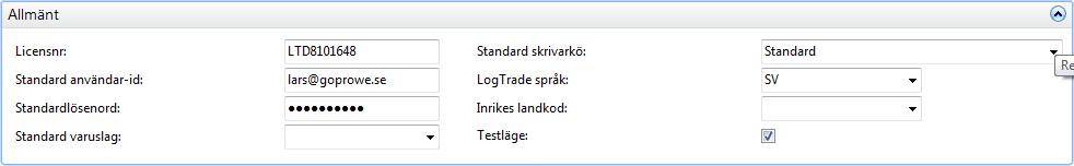 1.1.1 Allmänt LICENSNR STANDARD ANVÄNDARID STANDARDLÖSENORD STANDARD VARUSLAG STANDARD SKRIVARKÖ Licensnr för inloggning i LogTrade Användarnamn för inloggning i LogTrade.