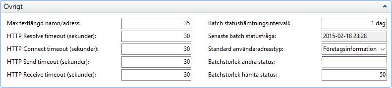 12.2.1.4 Övrigt MAX TEXTLÄNGD NAMN/ADRESS HTTP RESOLVE TIMEOUT (SEKUNDER) Den maximala längden på namn- och adressfält i LogTrade Dessa fyra timeoutvärden styr hur länge olika delar av en