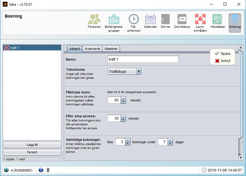 Ange namn på objektet och välj ett bokningschema. Sedan skall också de följande parametrarna uppfyllas: Påbörjas inom: Efter stop access: Samtidiga bokningar: Exempel: ett bokat pass med start kl. 10.