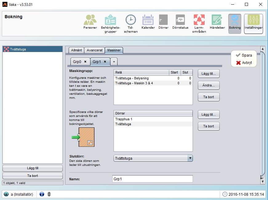 Bokning: Fliken Maskiner: inställningar för dörrar och ev. relästyrningar i objektet. I ett bokningsobjekt kan det ingå flera dörrar fram till själva tvättstugan, vilken anges på dörrar.