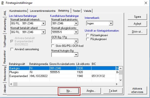 att klicka på Ny. Du kommer till bilden nedan. I fältet Betalningssätt väljer du Bankgiro eller Plusgiro. I fältet Betalningsmedia väljer du Fil.