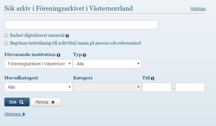 INGÅNGAR TILL FÖRENINGSARKIVEN För att se vad som finns hos Föreningsarkivet Västernorrland kan man söka i Nationella arkivdatabasen (NAD). Den hittar man via Riksarkivets hemsida (https://sok.