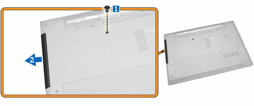 Installera batteriet 1. Sätt i batteriet i batterifacket och tryck på det för att spärra det. 2. Följ procedurerna i När du har arbetat inuti datorn. Ta bort den optiska enheten 1.