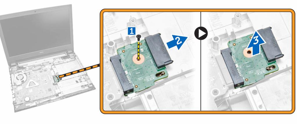 Ta bort kontakten för den optiska enheten 1. Följ anvisningarna i Innan du arbetar inuti datorn. 2. Ta bort: a. batteriet b. optisk skivenhet c. åtkomstpanel d. hårddisk e. minnesmodulen f.