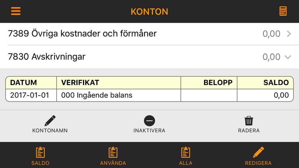 1 Ändra konto Klickar man på knappen REDIGERA och sedan expanderar ett konto genom att klicka på kontoraden, så finns där minst en och max tre av