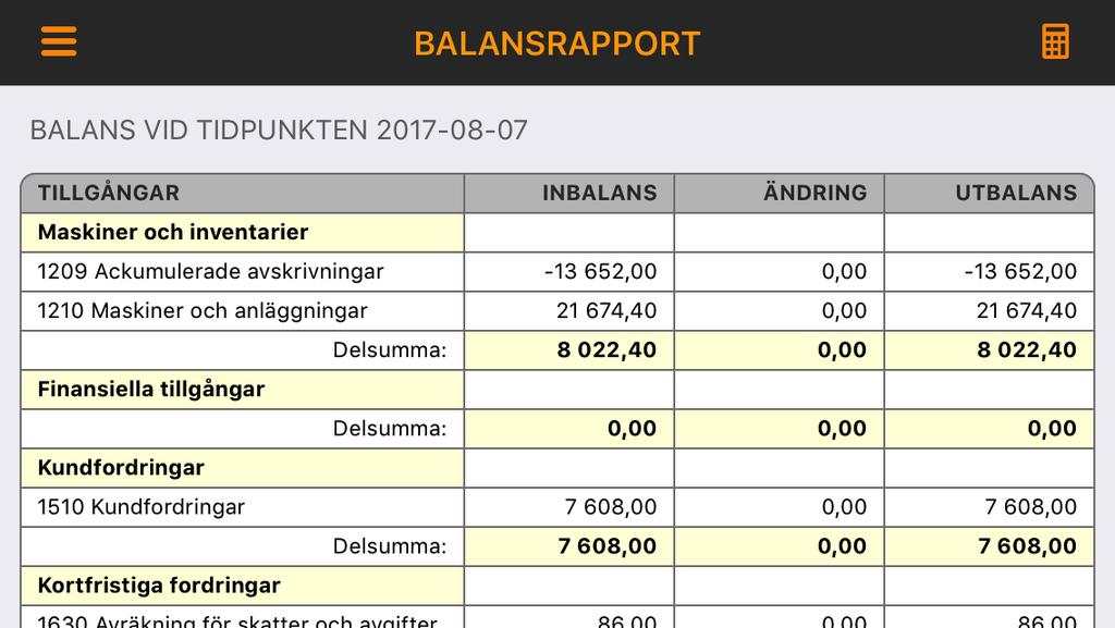 19 (20) 3.6 BALANS Fliken BALANS visar balansrapport gällande vid senaste bokförda händelsedatum.