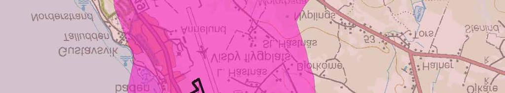 2018. De rosa områdena i kartan markerar influensområde för buller, säkerhet
