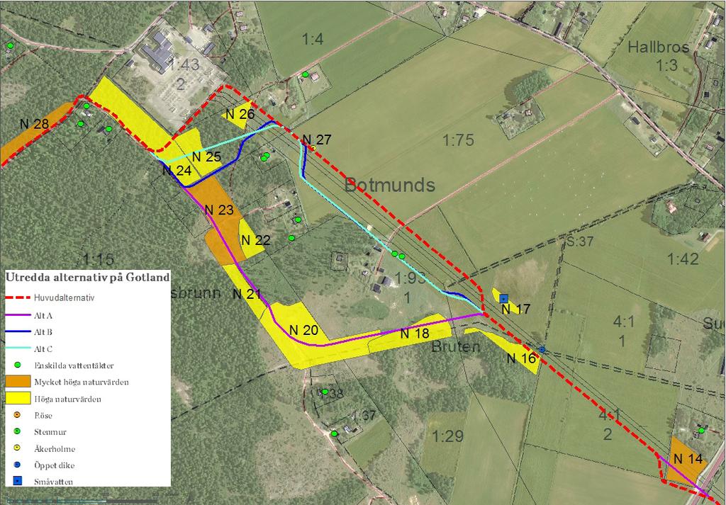 53 Figur 6.9. Utredda alternativ på Gotland N20 och N23 utgörs av alvarmarker som båda är lokalt mycket värdefulla naturvärden.